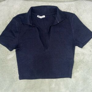 Zara Black Collared V- Neck Ribbed Cropped Cotton Top Short Sleeve Women Sz M